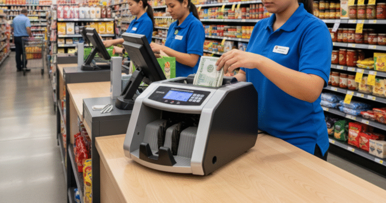 Cash counting machine in supermarket